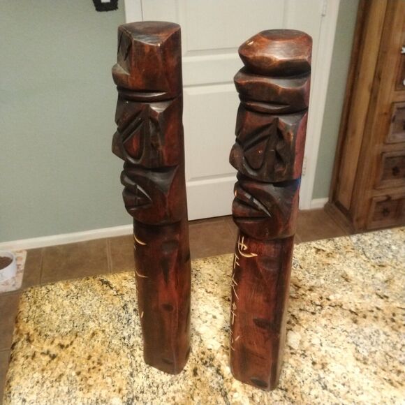 Vintage Korean Miniature Wooden Tiki Totem Pole Guardian Jangseung Figures 14" - Picture 5 of 9